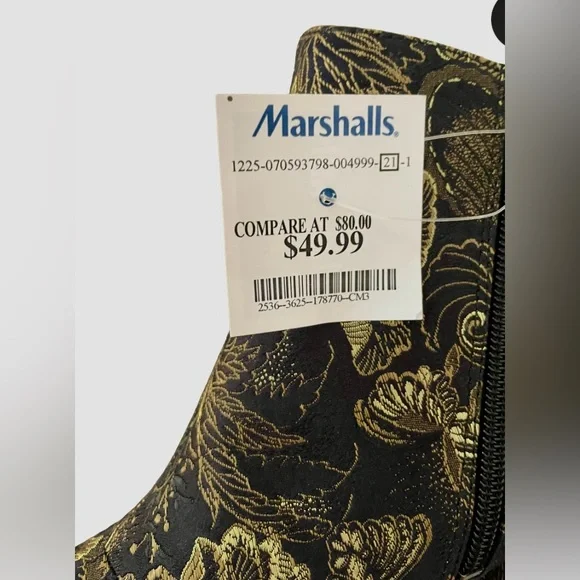 Franco Sarto Embroidered Black and Gold Ankle Boots - Picture 6 of 7